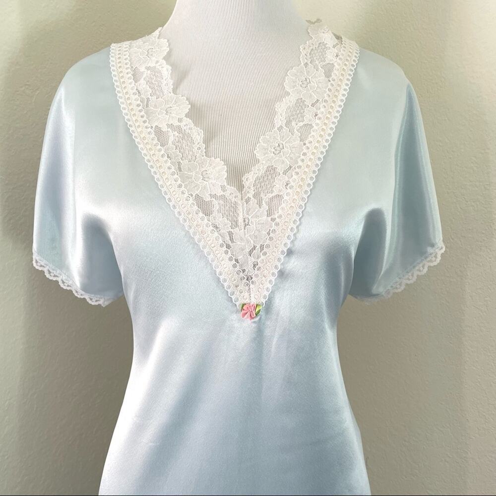 Vintage Nightgown Satin Sheer Lace  Light Blue Satin Slip Dress Silky Lingerie - Picture 5 of 16